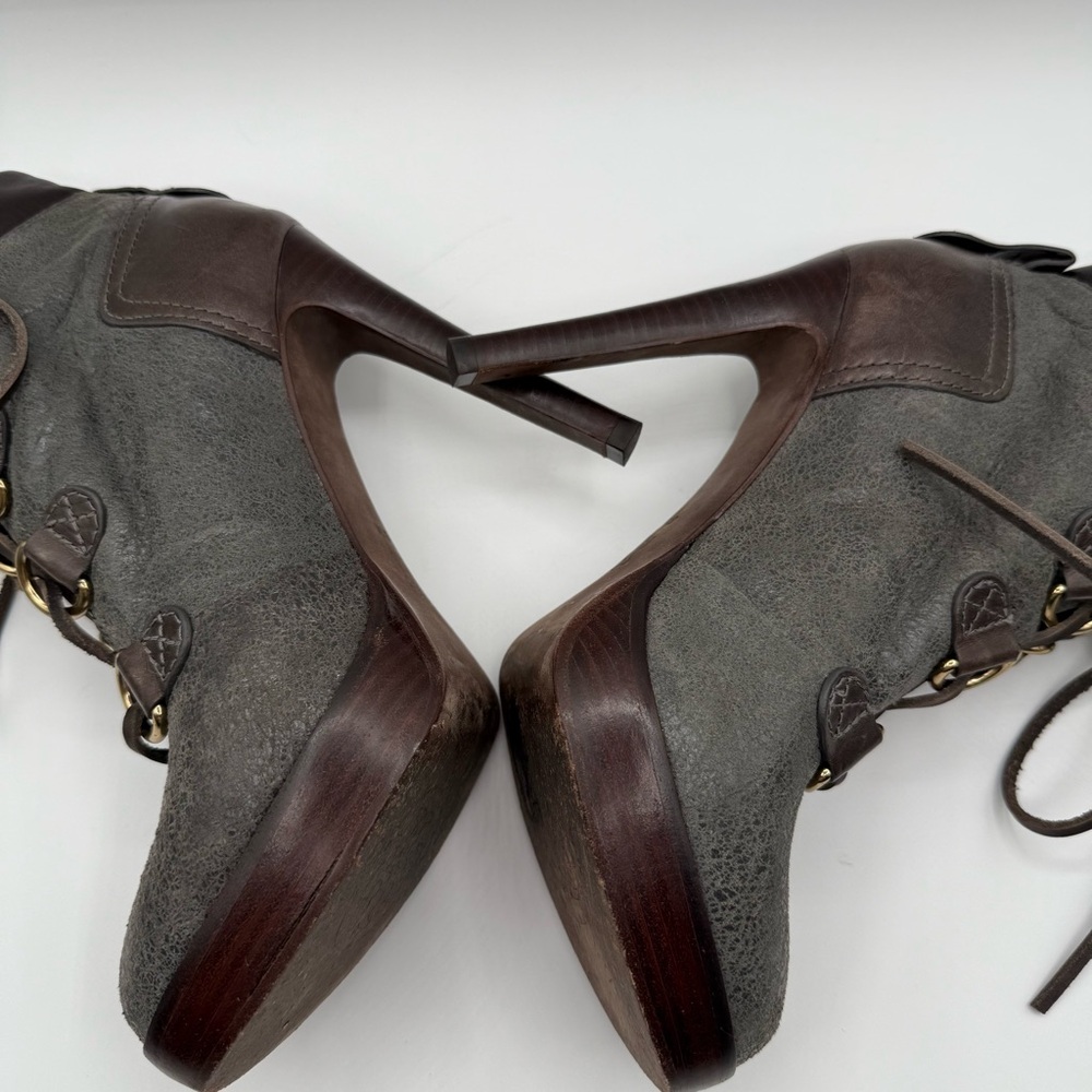 Tory Burch Lawson Bootie Pewter Brown Leather Platform Stiletto Ankle Boots 8.5 - Picture 13 of 17